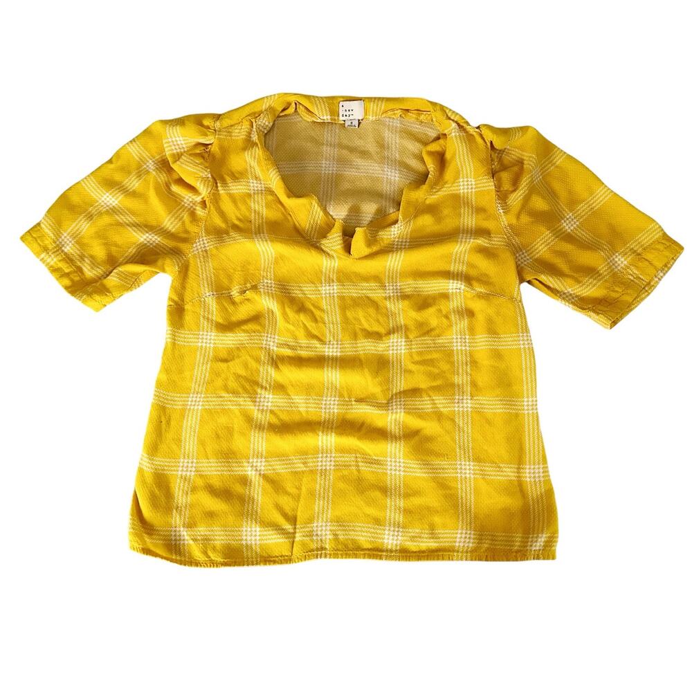 A New Day Yellow Checkered V-Neck Blouse Womens Size S